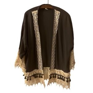 Vintage Weavers Kimono Size S Blue Gray Crochet Lace Trim Boho Gypsy Hippie